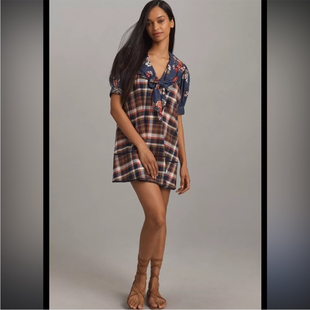 Anthropology Pilcro Floral Plaid Dress with Bow - Picture 2 of 3
